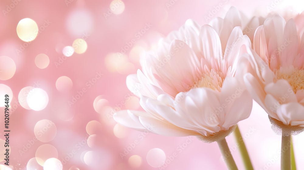Two gentle flowers emerge prominently in soft pastels, surrounded by a dreamy, blurred pink background that radiates warmth and calm, inviting a sense of peace and beauty Two gentle flowers emerge prominently in soft pastels, surrounded by a dreamy, blurred pink background that radiates warmth and calm, inviting a sense of peace and beauty