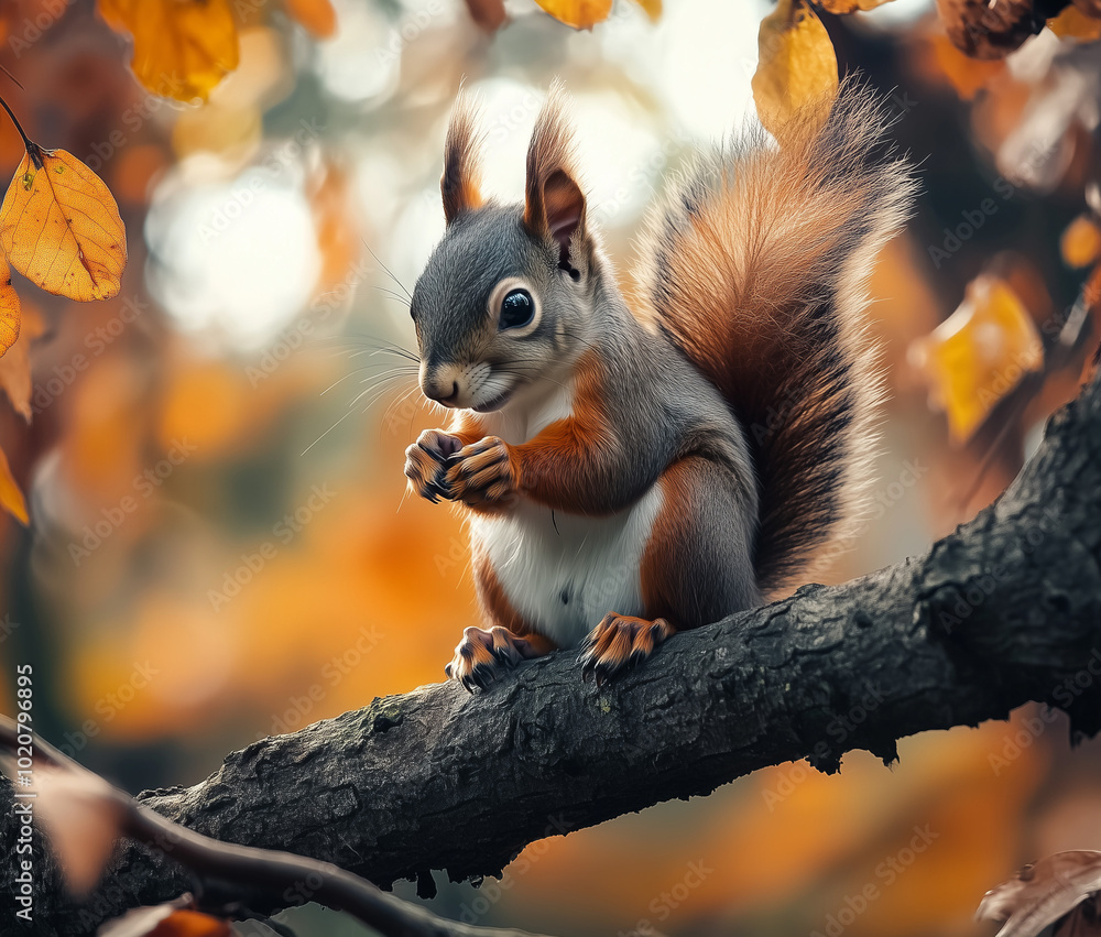 Squirrel sitting on an oak tree branch in autumn, with a colorful forest background, a cute animal portrait, p
Squirrel sitting on an oak tree branch in autumn, with a colorful forest background, a cute animal portrait, p
