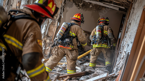 Firefighters in action, navigating through a damaged building, showcasing bravery and teamwork during a fire rescue operation.