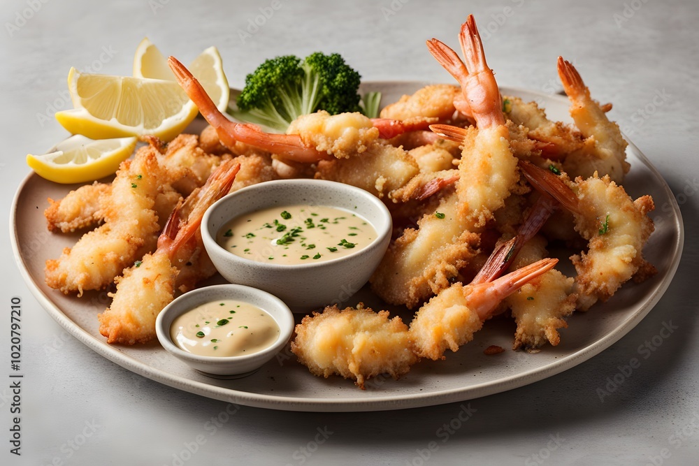 A plate of crispy tempura prawns and vegetables lightly golden, Ai Generated A plate of crispy tempura prawns and vegetables lightly golden, Ai Generated