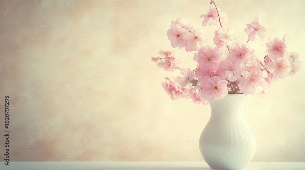Delicate pink cherry blossoms in a white vase Delicate pink cherry blossoms in a white vase