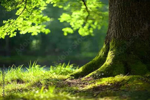 A Large Moss-Covered Tree Trunk in a Lush Forest