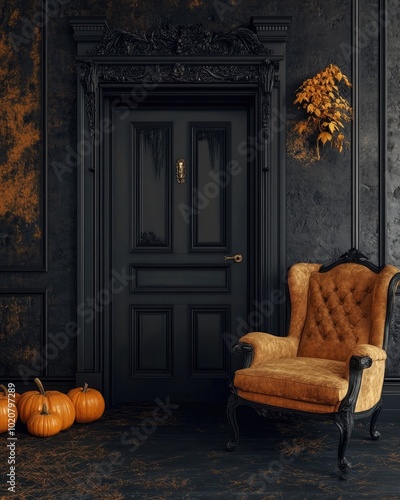 Halloween themed interior decoration with door and chair photo