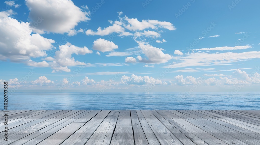 Calm sea horizon view from a weathered wooden platform, evoking tranquility Calm sea horizon view from a weathered wooden platform, evoking tranquility