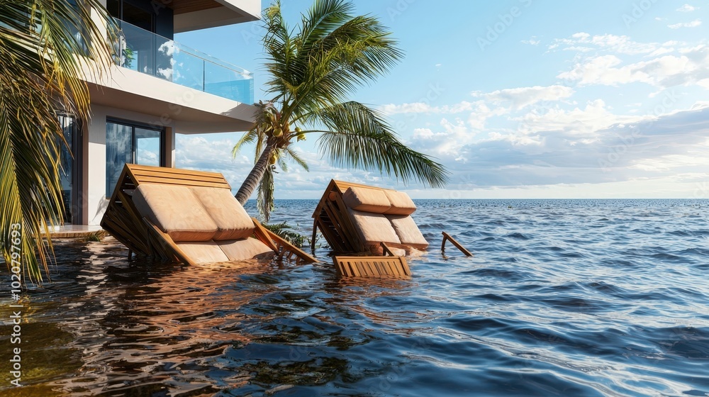 Obraz premium Flooded Beach House with Floating Lounge Chairs