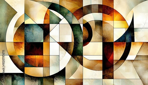 Abstract geometric art with overlapping circles and rectangles, featuring earthy tones and gradients.
