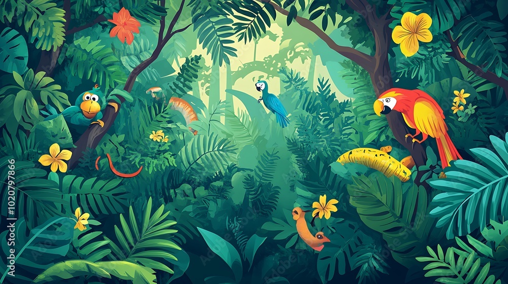 Tropical Jungle with Colorful Parrots and Flowers Tropical Jungle with Colorful Parrots and Flowers