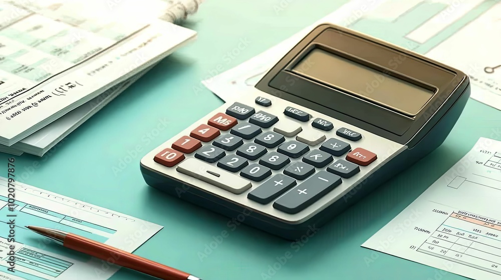 Calculator and Paperwork on a Teal Desk Calculator and Paperwork on a Teal Desk