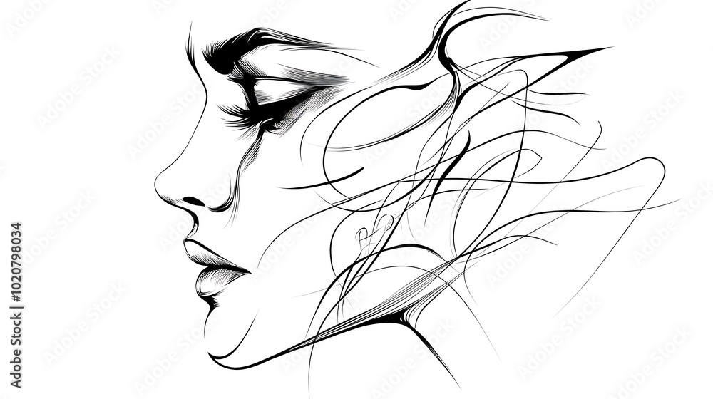 Abstract line art of woman's profile with flowing hair, white isolate background