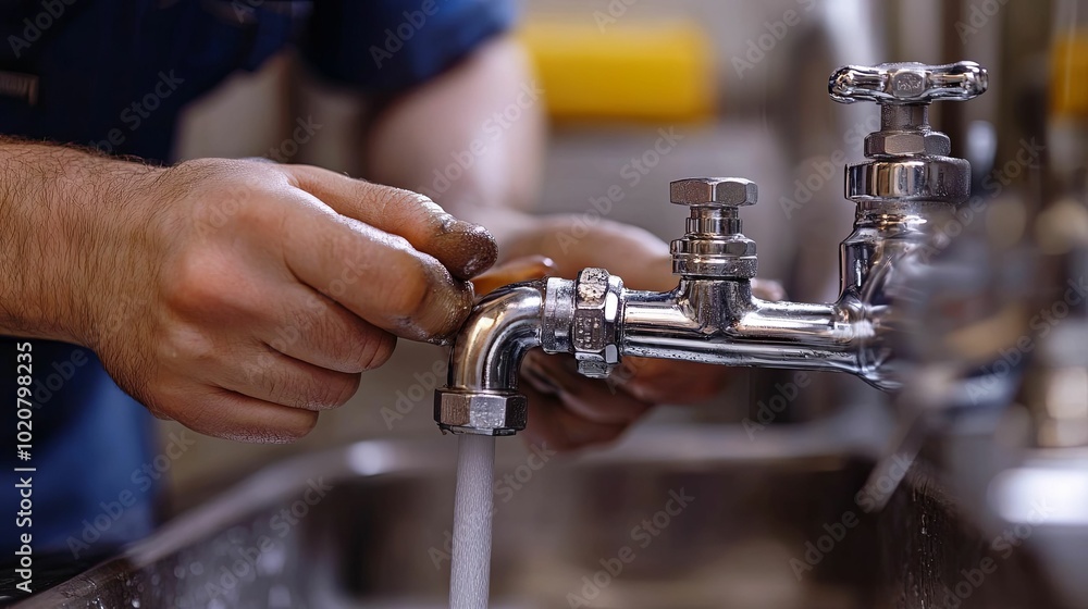 A Hand Turning on a Chrome Faucet with Water Flowing A Hand Turning on a Chrome Faucet with Water Flowing