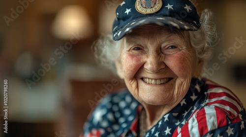 Smiling senior woman wearing patriotic hat and shirt