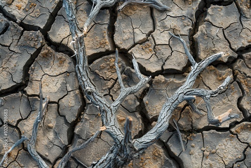 Dead branches scatter across the parched, cracked soil, showcasing the harsh realities of drought and the global water crisis. Generative AI