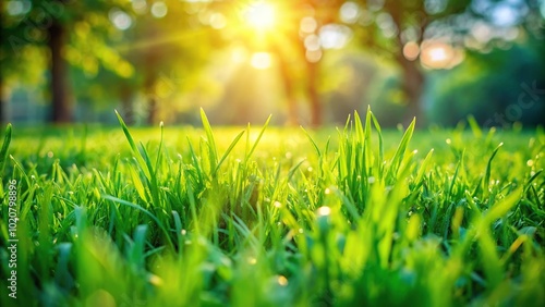 Fresh green grass lawn in the garden background shot from a low angle