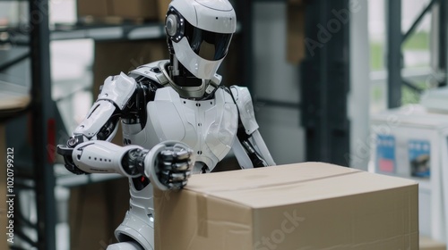 A humanoid robot carefully handling a package in a modern industrial or warehouse environment, illustrating advancements in robotics and automation for logistics and manufacturing