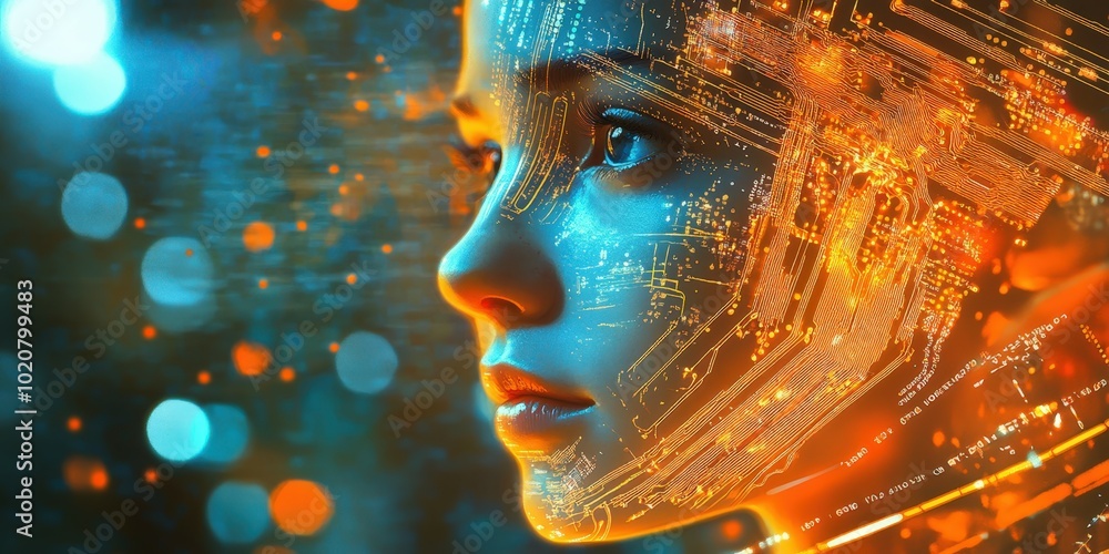 Futuristic digital face with circuit board patterns Futuristic digital face with circuit board patterns