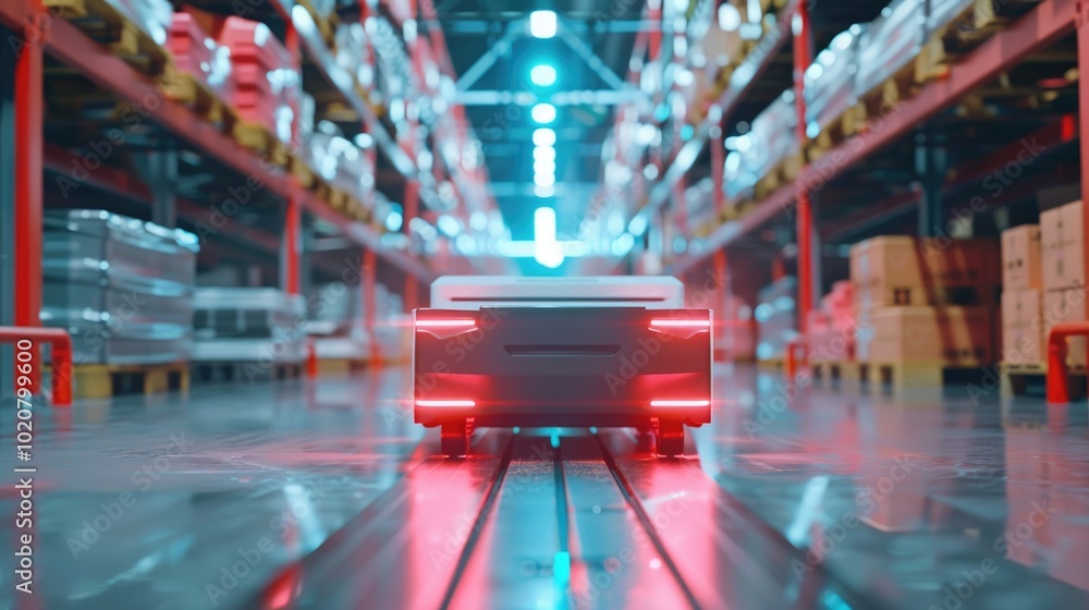 Naklejka premium Autonomous robot navigating through a modern warehouse