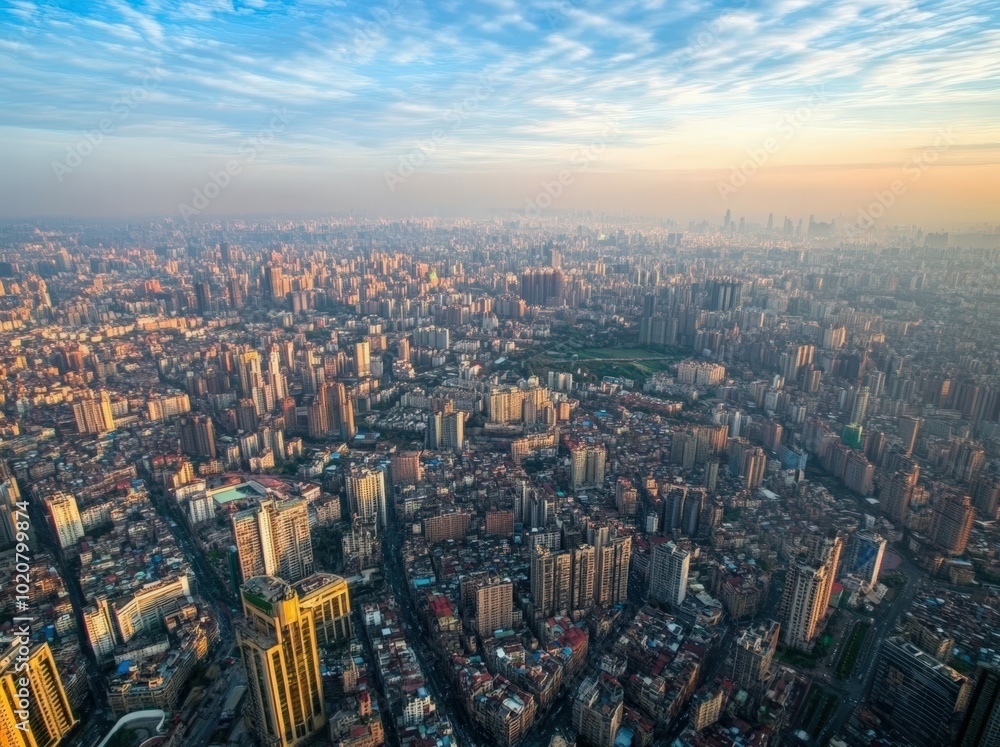 Fototapeta premium Aerial view of a bustling metropolitan city skyline at sunset