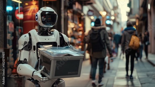 Wallpaper Mural  A humanoid robot carrying a package on a bustling city street, showcasing the future of urban logistics and automated delivery services Torontodigital.ca