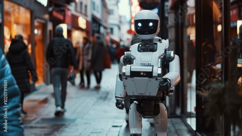  A humanoid robot carrying a package on a bustling city street, showcasing the future of urban logistics and automated delivery services