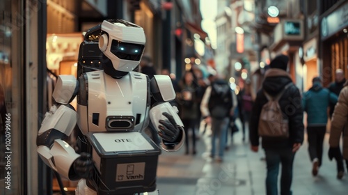  A humanoid robot carrying a package on a bustling city street, showcasing the future of urban logistics and automated delivery services