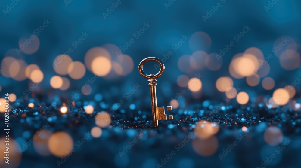 Magical golden key on sparkling blue background Magical golden key on sparkling blue background
