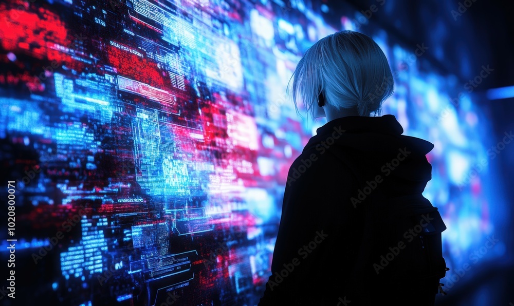 person examining futuristic digital display person examining futuristic digital display