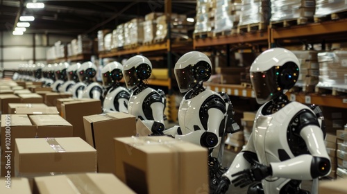 Wallpaper Mural A row of humanoid robots efficiently working on an assembly line in a futuristic factory, showcasing automation, robotics, and advanced technology in industrial manufacturing Torontodigital.ca