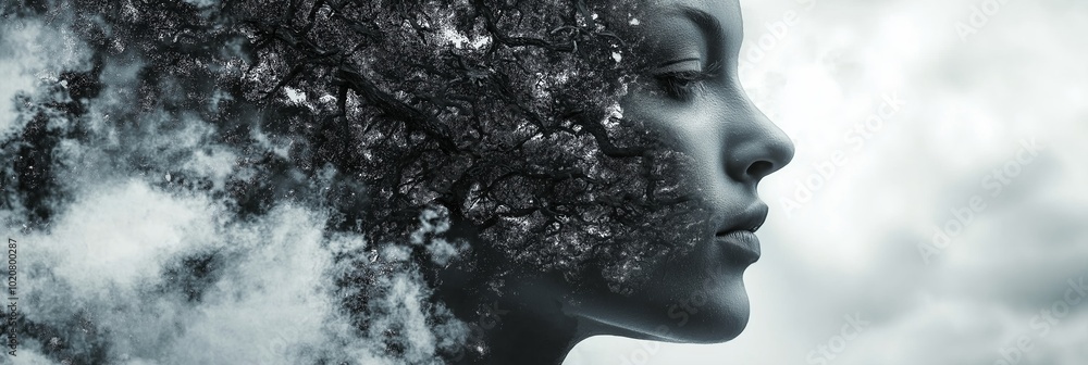 Artistic fusion of a woman's profile and nature, symbolizing unity with earth. Artistic fusion of a woman's profile and nature, symbolizing unity with earth.