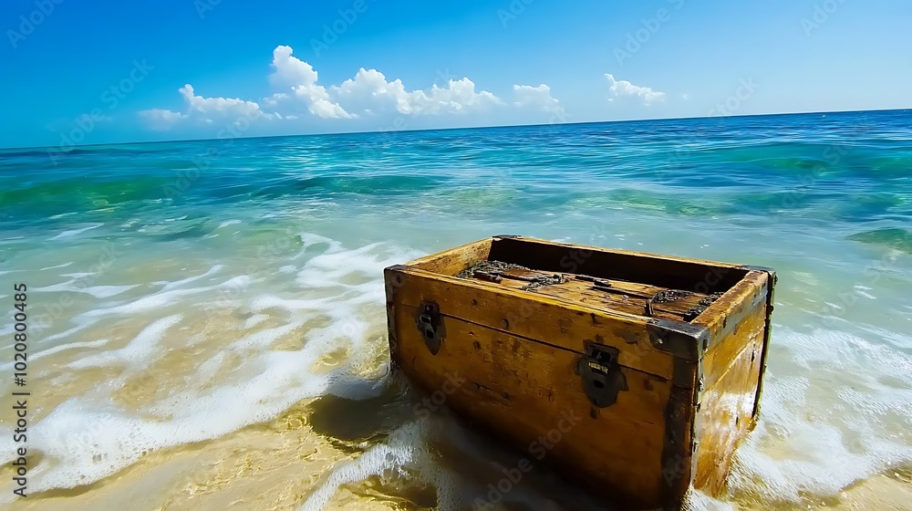 Wooden Treasure Chest on Sandy Beach with Ocean Waves Wooden Treasure Chest on Sandy Beach with Ocean Waves