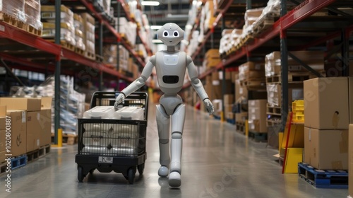 Humanoid robot working in a modern warehouse. A humanoid robot navigates through a warehouse filled with boxes and shelves, advanced automation and robotics in logistics and inventory management