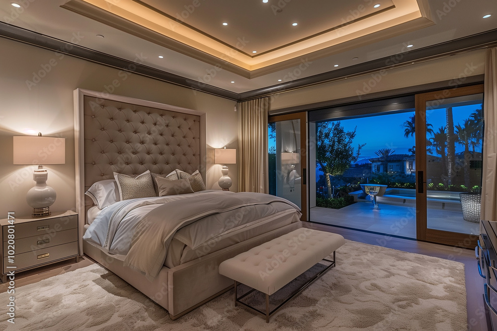 Obraz premium home interior design. Luxe master bedroom with a tufted velvet headboard and ambient lighting.