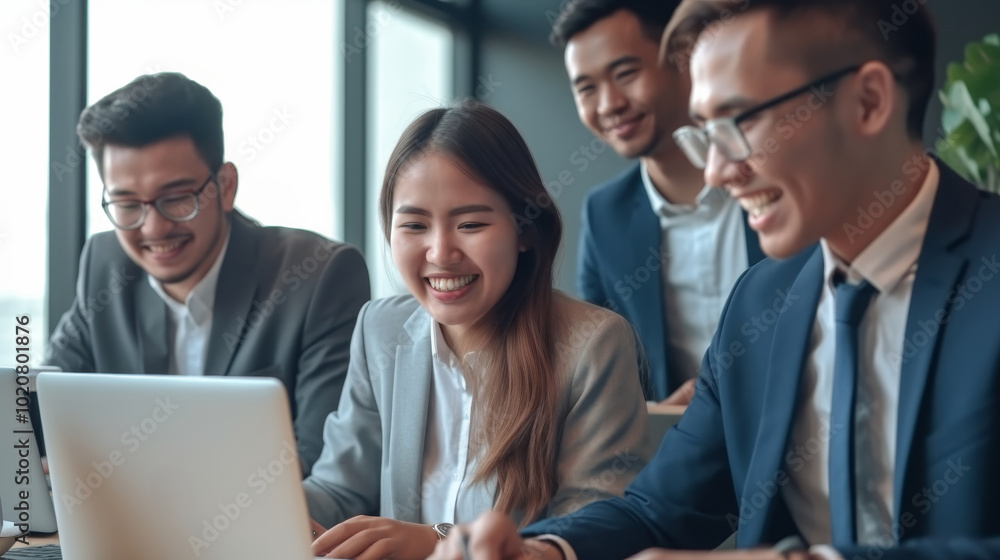 Four diverse young business professionals collaborating on laptops and smiling in a modern office setting Four diverse young business professionals collaborating on laptops and smiling in a modern office setting
