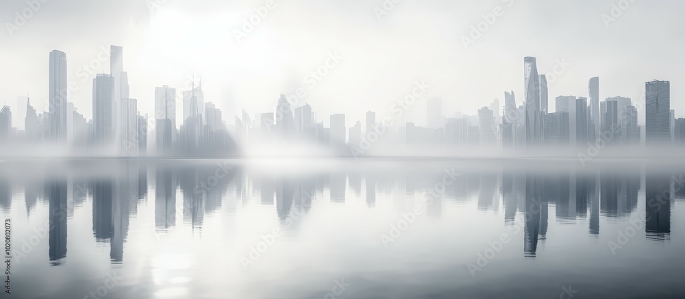 Foggy city skyline with reflection Foggy city skyline with reflection