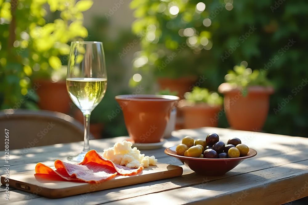 Italian table with prosciutto, mozzarella, olives, and white wine, set outdoors in a garden with terracotta pots and lush greenery Italian table with prosciutto, mozzarella, olives, and white wine, set outdoors in a garden with terracotta pots and lush greenery
