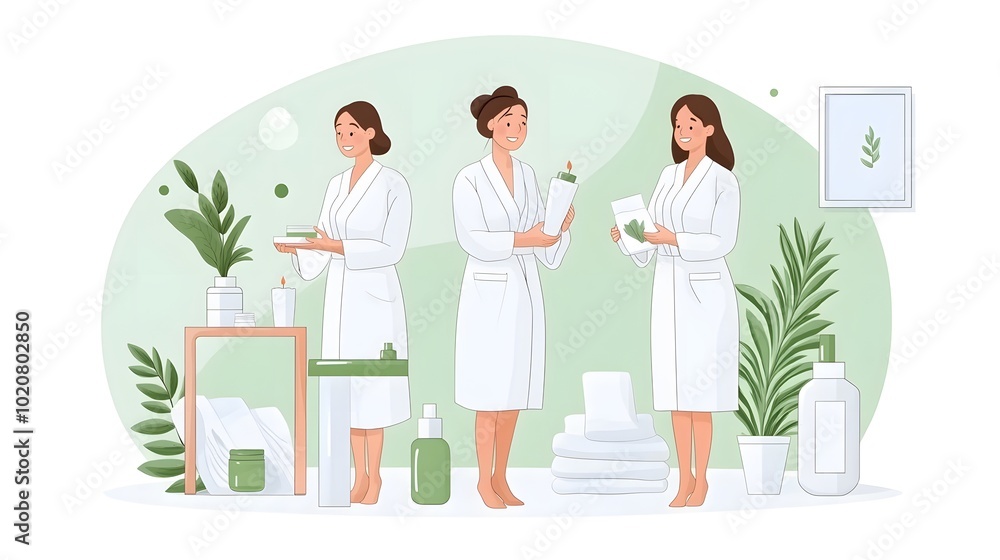 A serene illustration of three women in white robes surrounded by plants and wellness products, embodying relaxation and self-care. A serene illustration of three women in white robes surrounded by plants and wellness products, embodying relaxation and self-care.