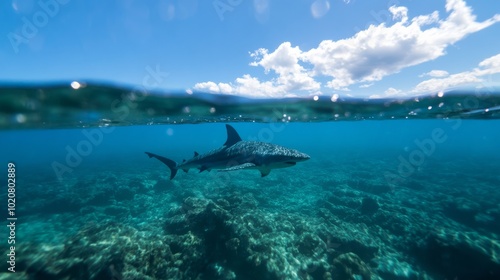 Great White Shark in Open Ocean Water.