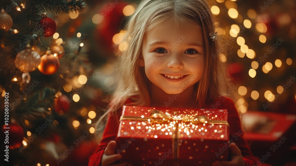A smiling girl in a red holiday dress holds a sparkling gift in a festive setting this Christmas A smiling girl in a red holiday dress holds a sparkling gift in a festive setting this Christmas