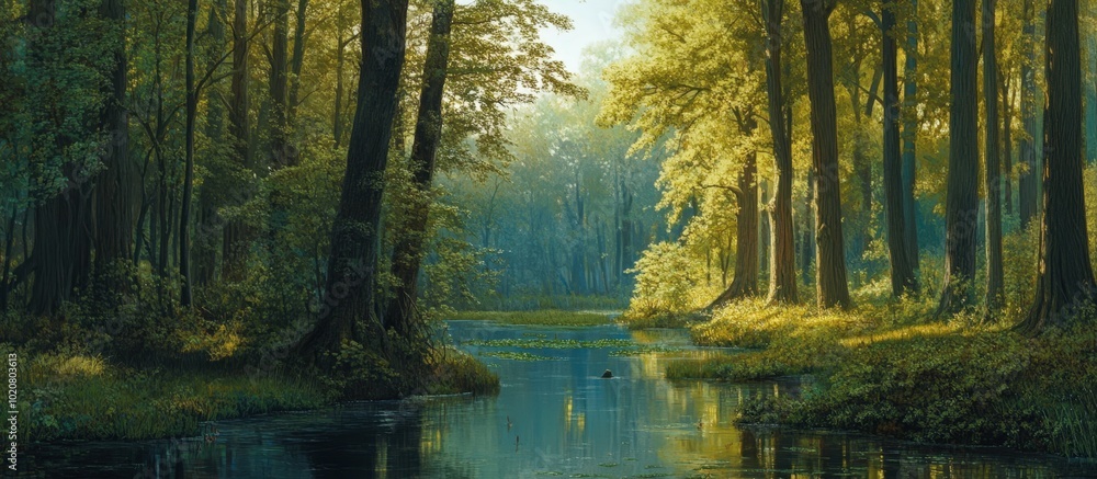 Serene forest landscape with tranquil river Serene forest landscape with tranquil river