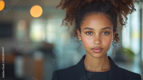 Close-up portrait of a young African American woman with curly hair in a corporate setting