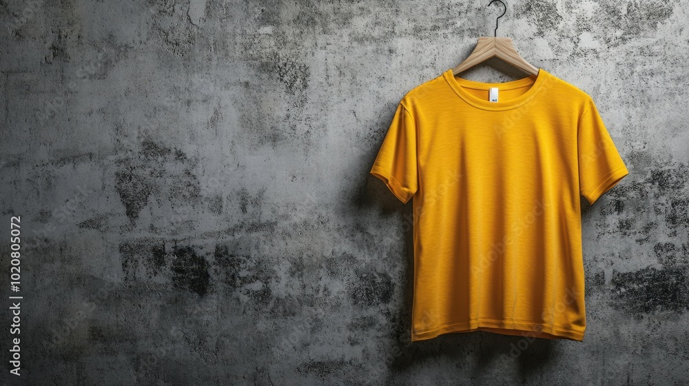Vibrant yellow t-shirt hanging on concrete wall Vibrant yellow t-shirt hanging on concrete wall