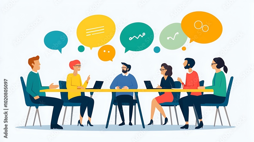 People with Speech Bubbles Sitting at a Table People with Speech Bubbles Sitting at a Table