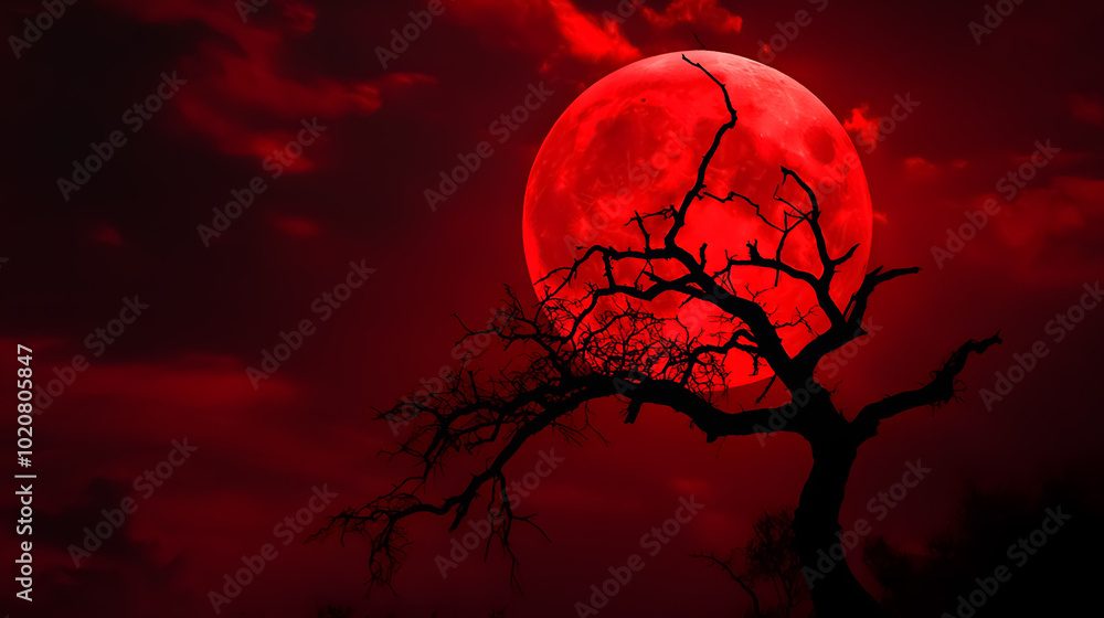 Red Moon Silhouette: A full red moon silhouetted against high pine trees in a night sky. Red Moon Silhouette: A full red moon silhouetted against high pine trees in a night sky.