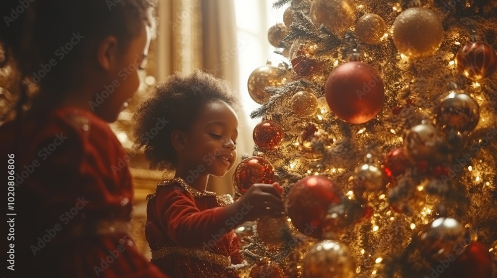 Multiracial family enjoying Christmas decorations at home in the afternoon Multiracial family enjoying Christmas decorations at home in the afternoon
