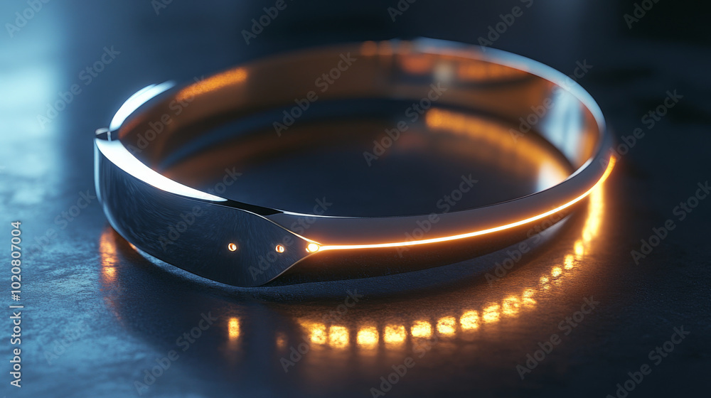 Wearable diagnostic device shaped like a thin metallic bracelet, emitting soft pulses of light while scanning users vital signs in real-time Wearable diagnostic device shaped like a thin metallic bracelet, emitting soft pulses of light while scanning users vital signs in real-time