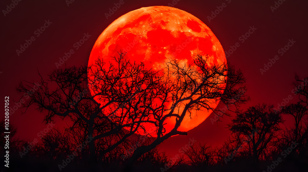 Full Red Moon in Kruger National Park: The full red moon over the Kruger National Park in South Africa. Full Red Moon in Kruger National Park: The full red moon over the Kruger National Park in South Africa.