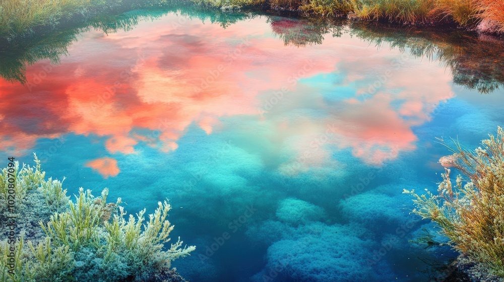 Tranquil Salt Pond Reflecting Vibrant Sunset Sky, Creating a Surreal Dreamlike Landscape Tranquil Salt Pond Reflecting Vibrant Sunset Sky, Creating a Surreal Dreamlike Landscape