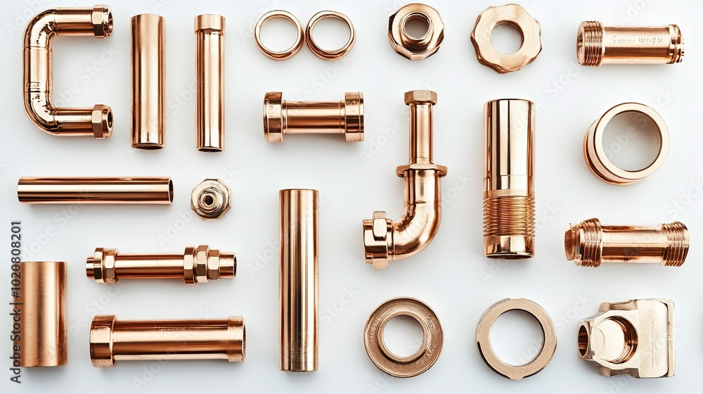 Copper Plumbing Fittings and Pipes Arranged on a White Background Copper Plumbing Fittings and Pipes Arranged on a White Background