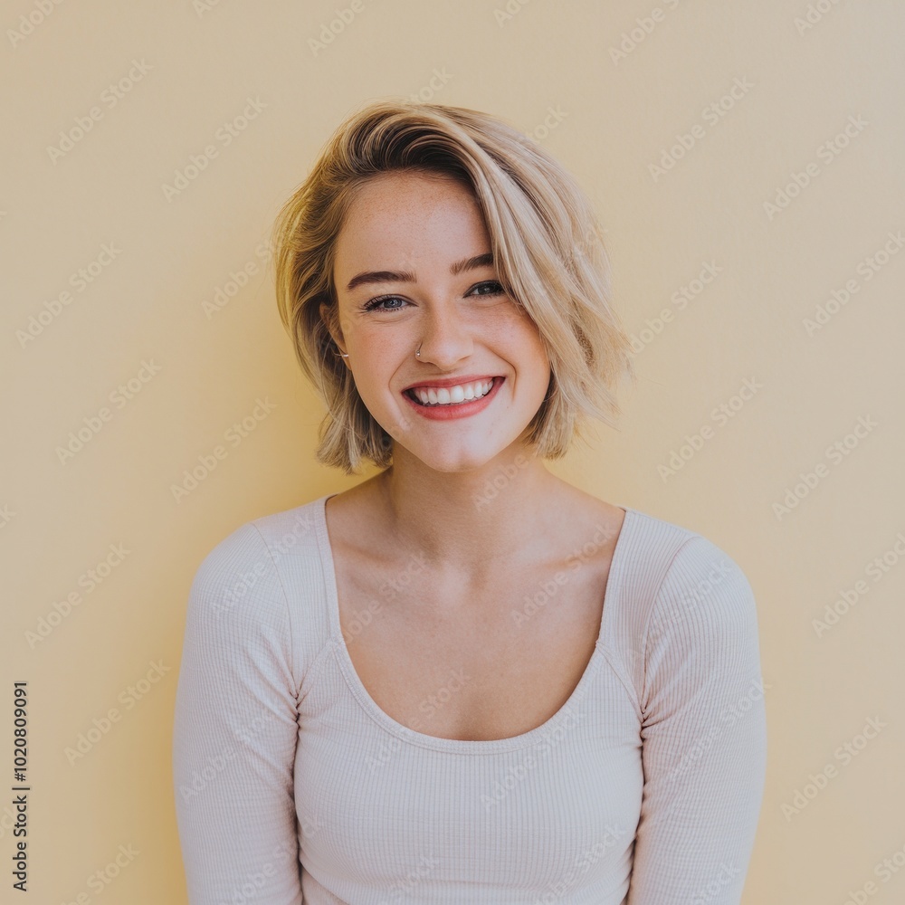 Blonde woman smiling in white top, soft beige background, soft lighting, warm tones with low color intensity, cheerful and inviting portrai Blonde woman smiling in white top, soft beige background, soft lighting, warm tones with low color intensity, cheerful and inviting portrai