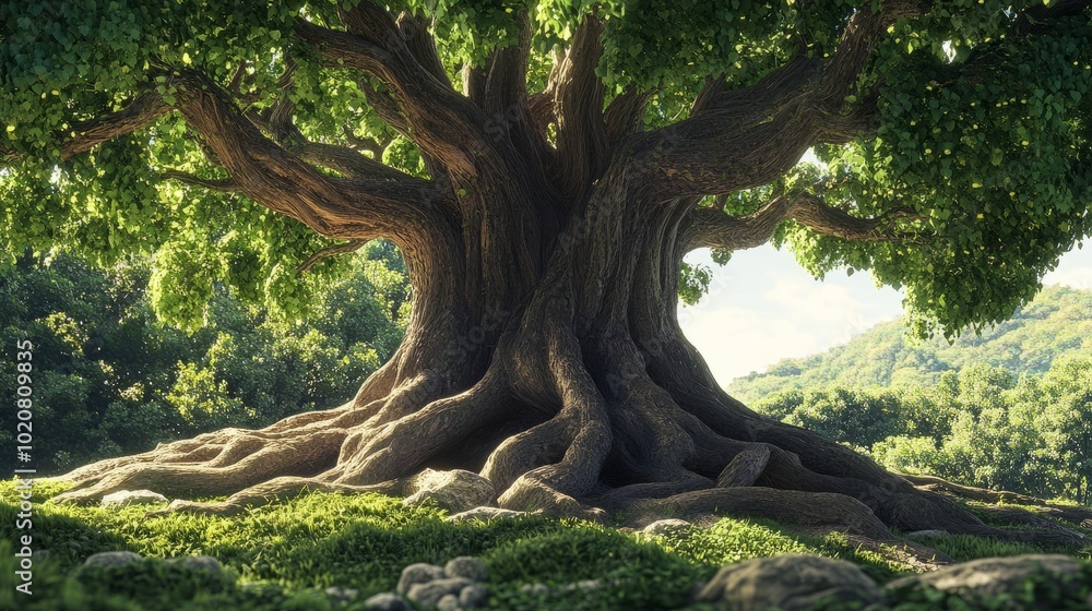 Enormous tree with thick, gnarled roots sprawling outwards and a lush green canopy, cut out for a majestic feel Enormous tree with thick, gnarled roots sprawling outwards and a lush green canopy, cut out for a majestic feel