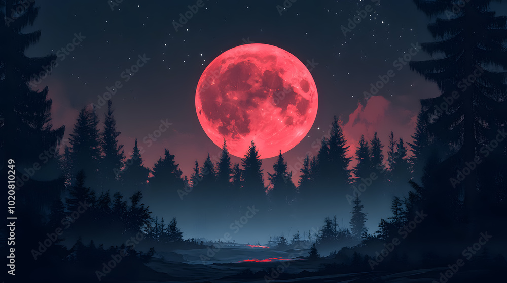 Full Red Moon Over Trees in Night Forest: The full red moon shining over trees in a dark forest in Europe, specifically Estonia. Full Red Moon Over Trees in Night Forest: The full red moon shining over trees in a dark forest in Europe, specifically Estonia.